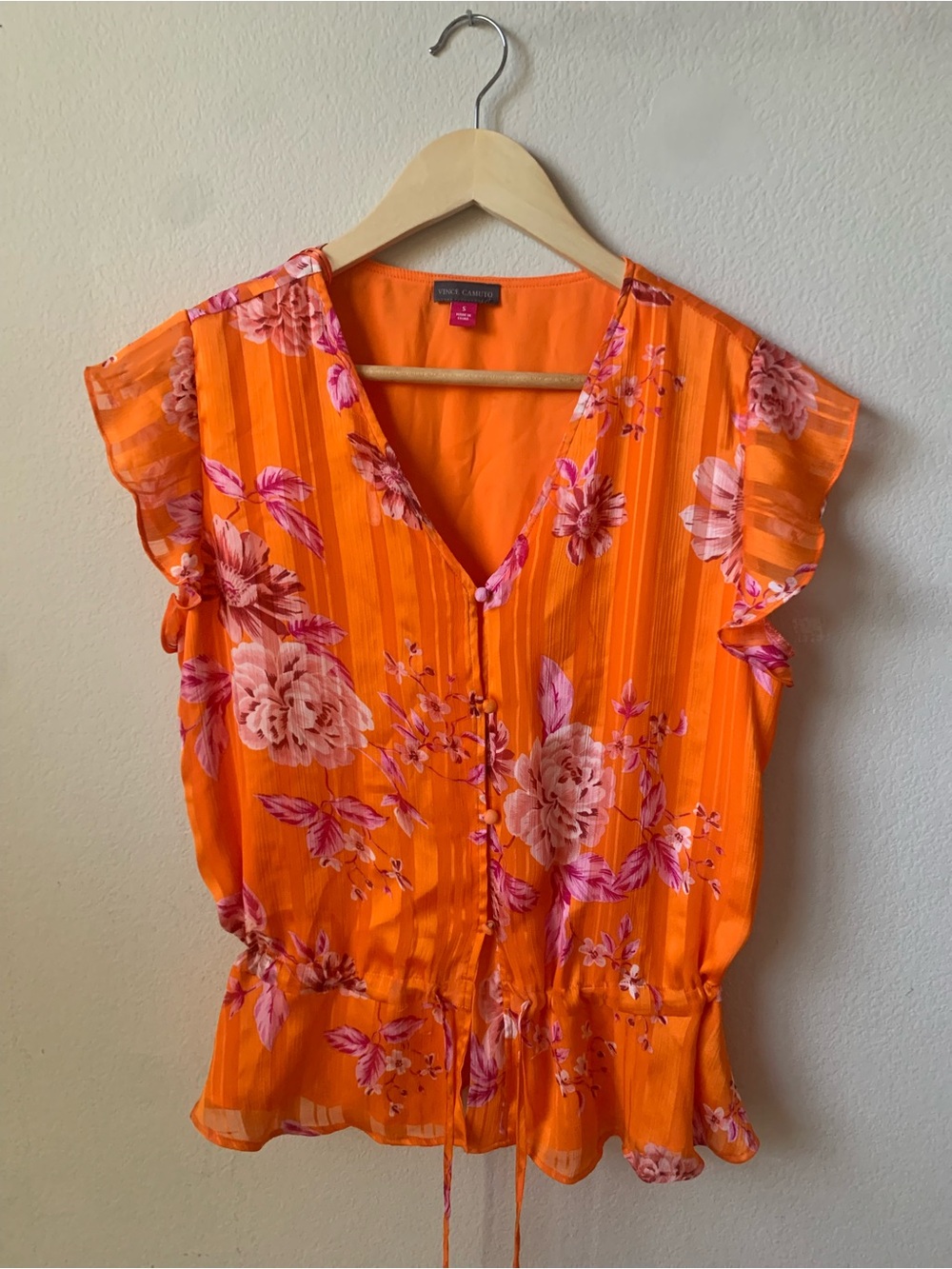 Vince Camuto Orange Floral V-Neck Drawstring Waist Blouse Small